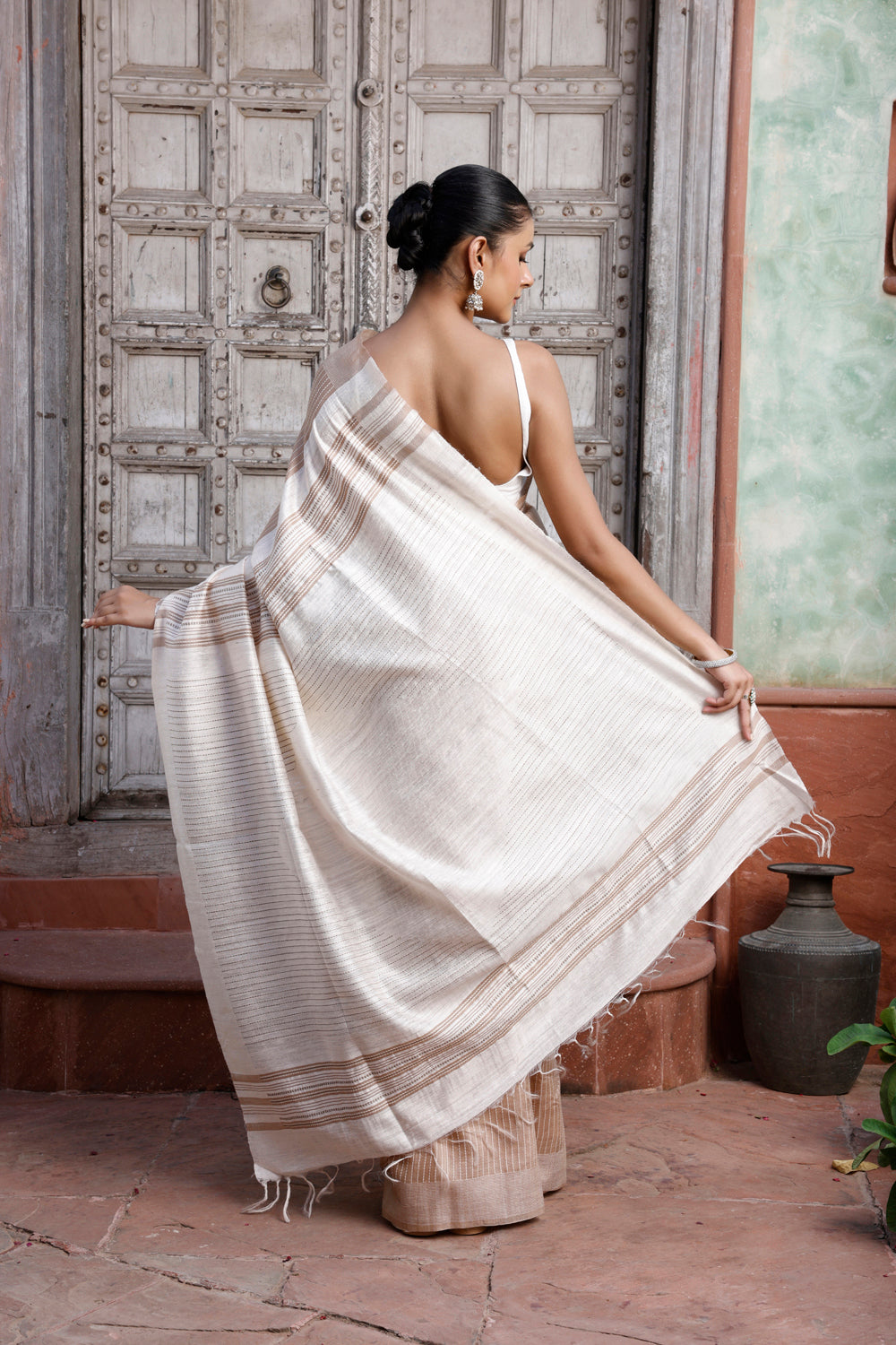 Handloom Beige Pure Silk Saree with White Stripes