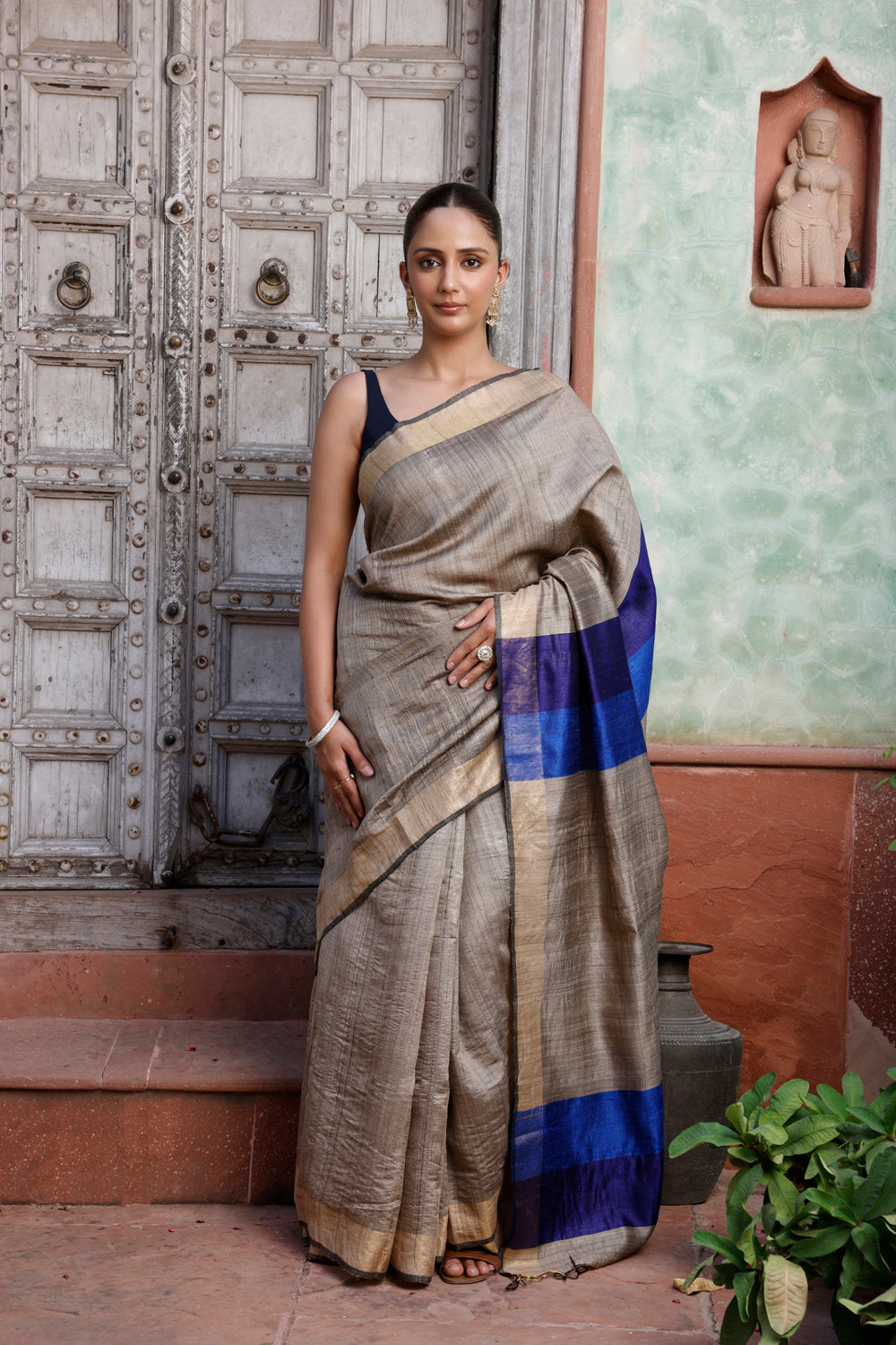 Handloom Beige Tussar Silk Saree With Zari Border & Navy Blue Pallu