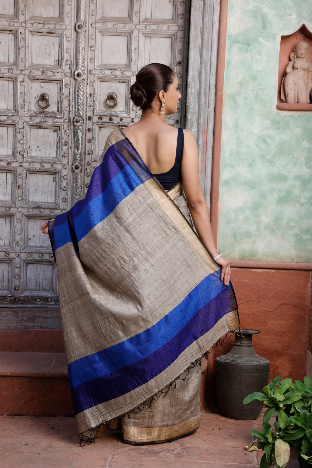 Handloom Beige Tussar Silk Saree With Zari Border & Navy Blue Pallu