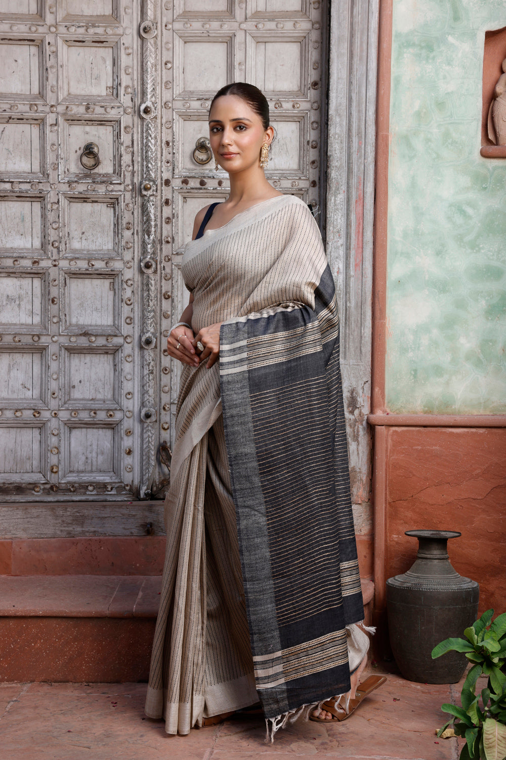 Handloom Beige Pure Silk Saree with White Stripes and Black Pallu