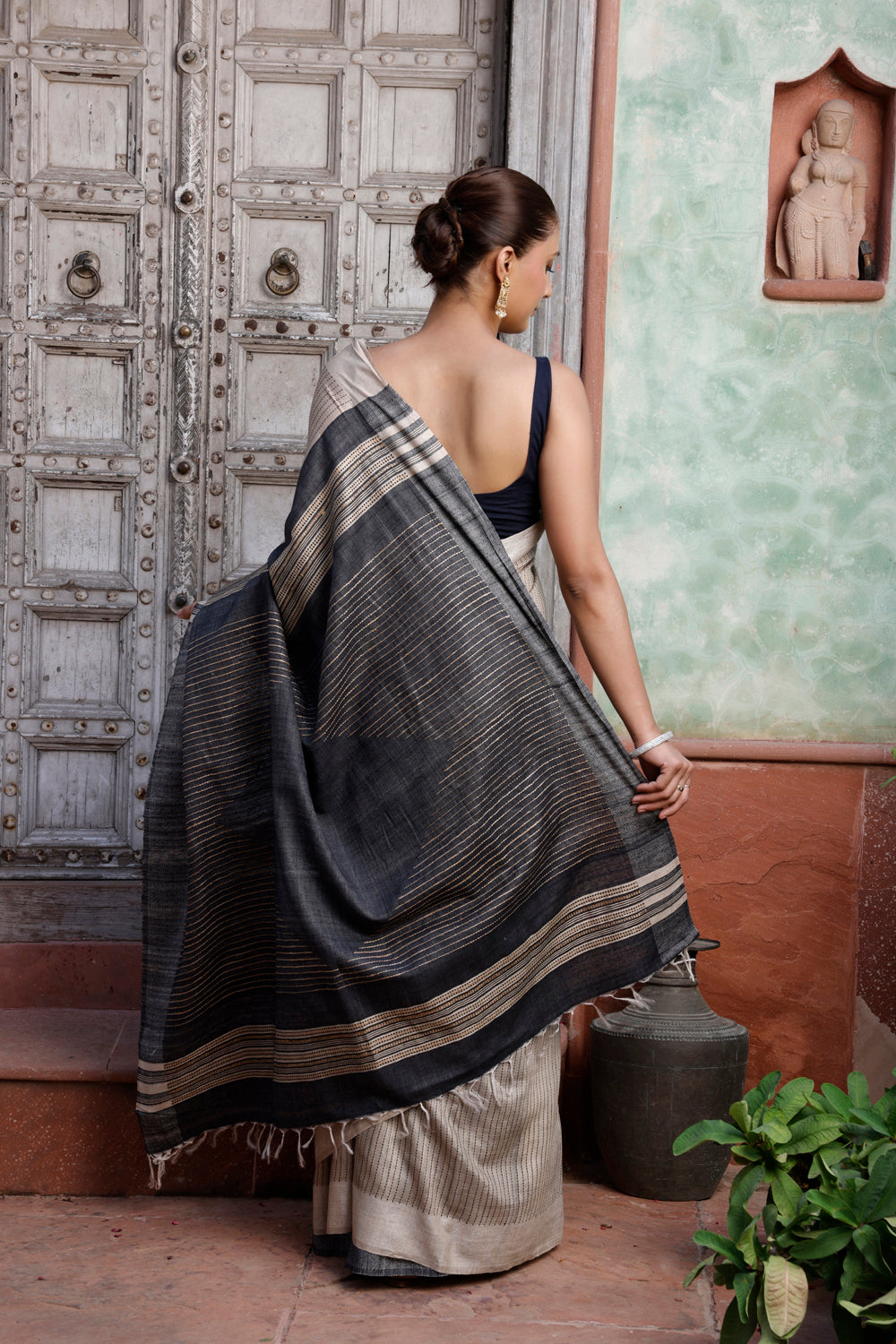 Handloom Beige Pure Silk Saree with White Stripes and Black Pallu