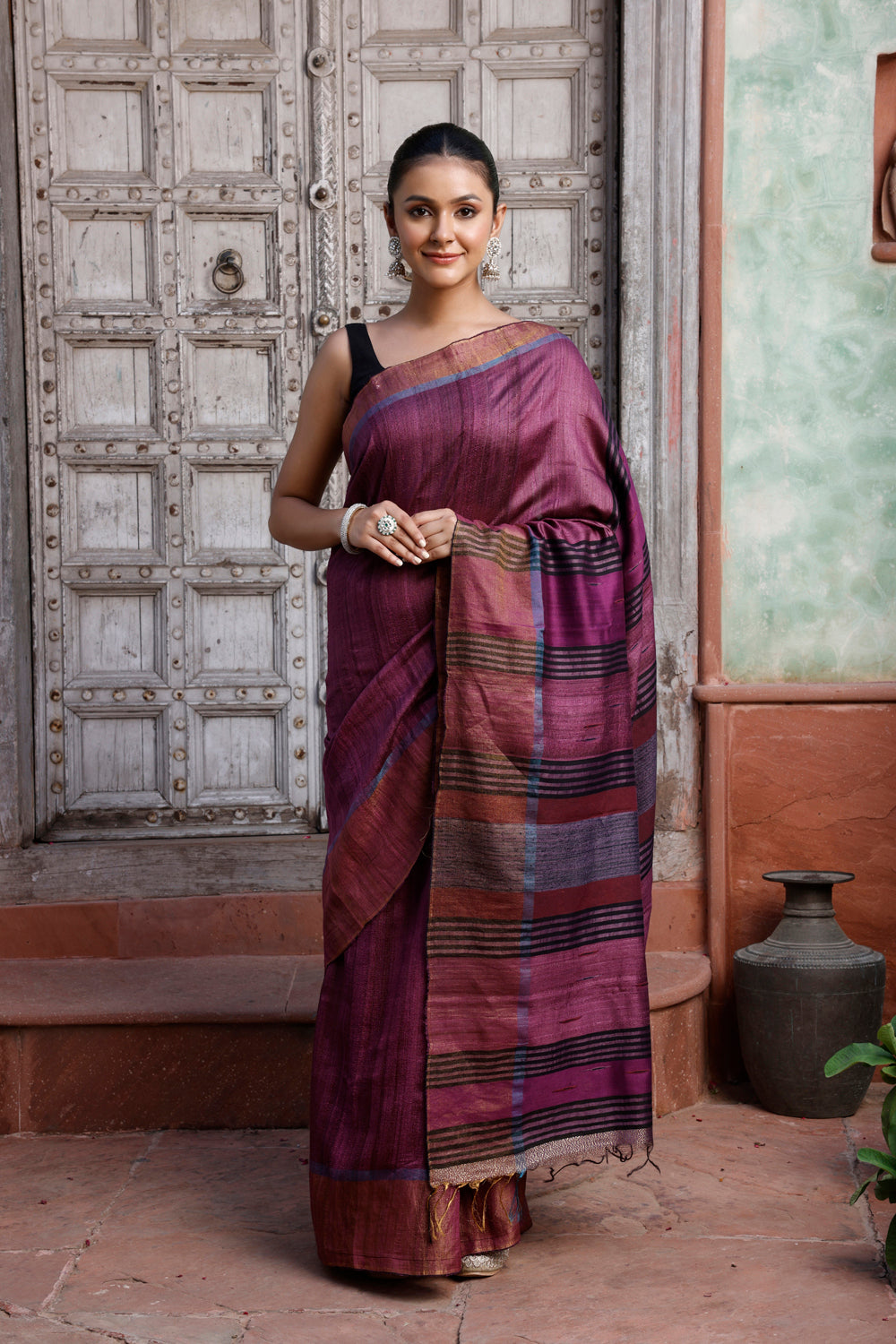 Handloom Wine Pure Silk Saree with Golden Border