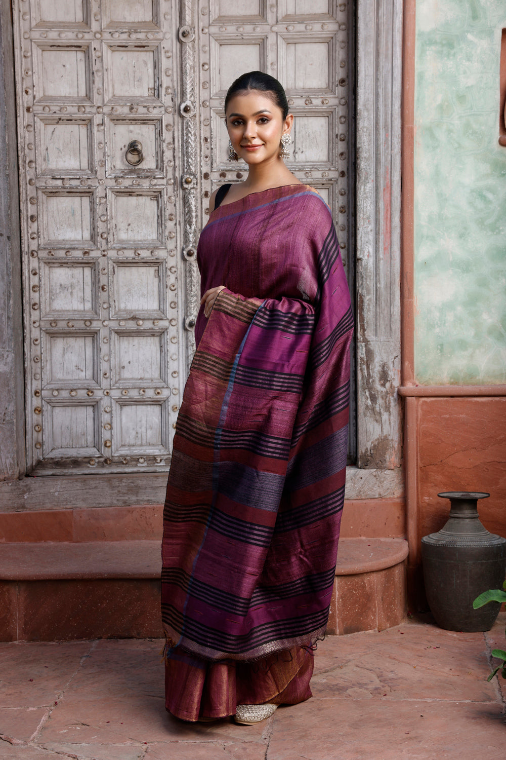 Handloom Wine Pure Silk Saree with Golden Border
