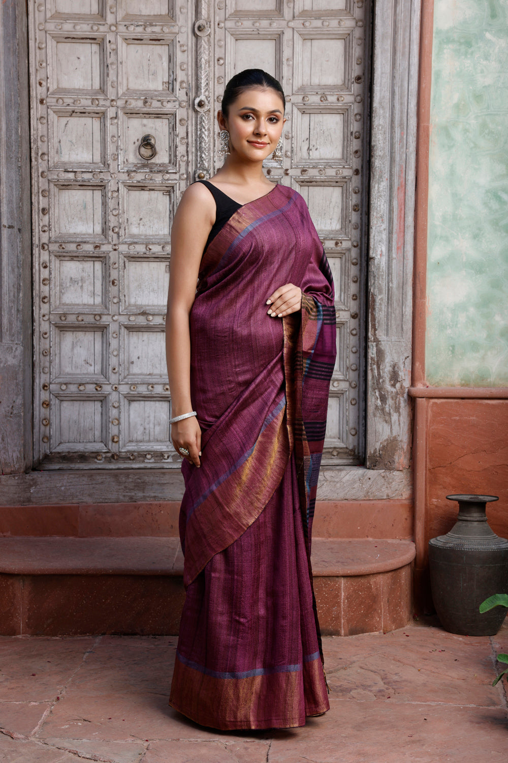 Handloom Wine Pure Silk Saree with Golden Border