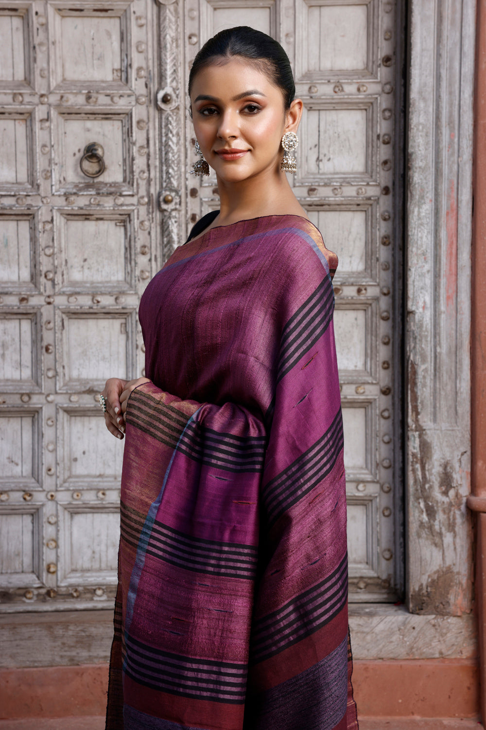 Handloom Wine Pure Silk Saree with Golden Border