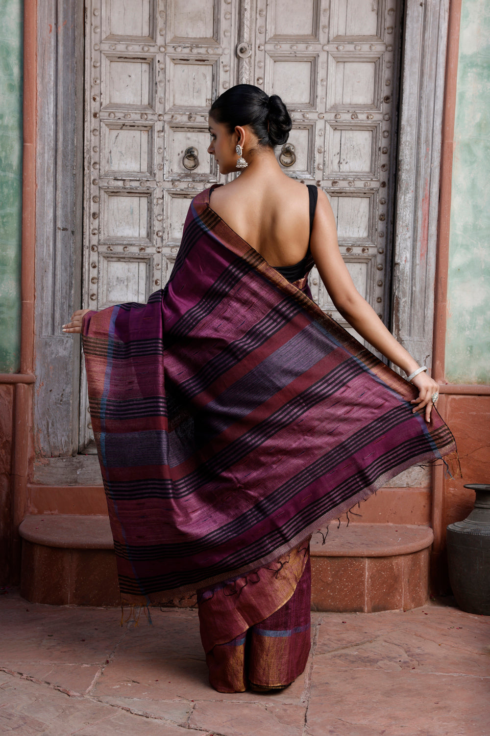 Handloom Wine Pure Silk Saree with Golden Border