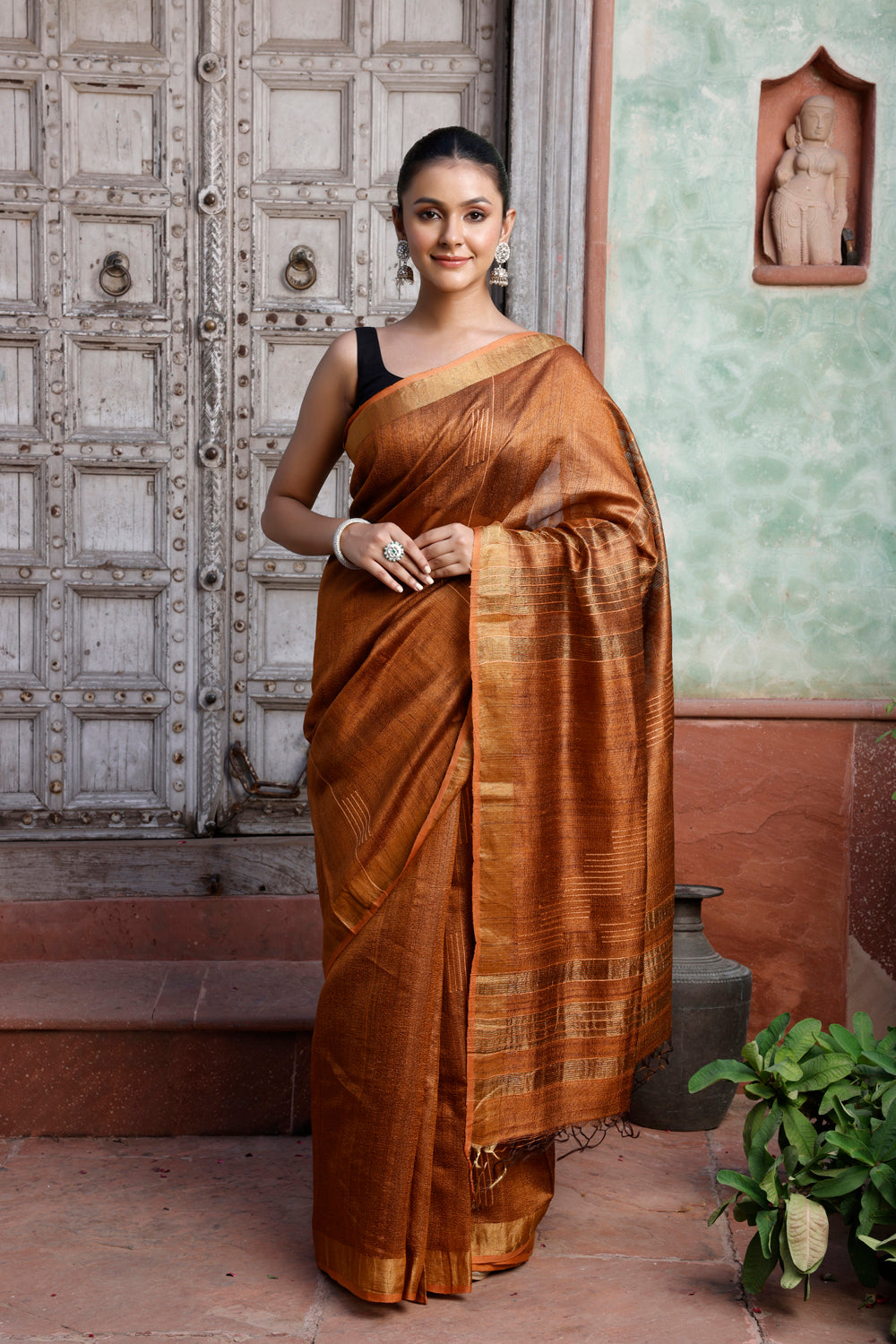 Handloom Reddish Orange Pure Silk Saree with Golden Border
