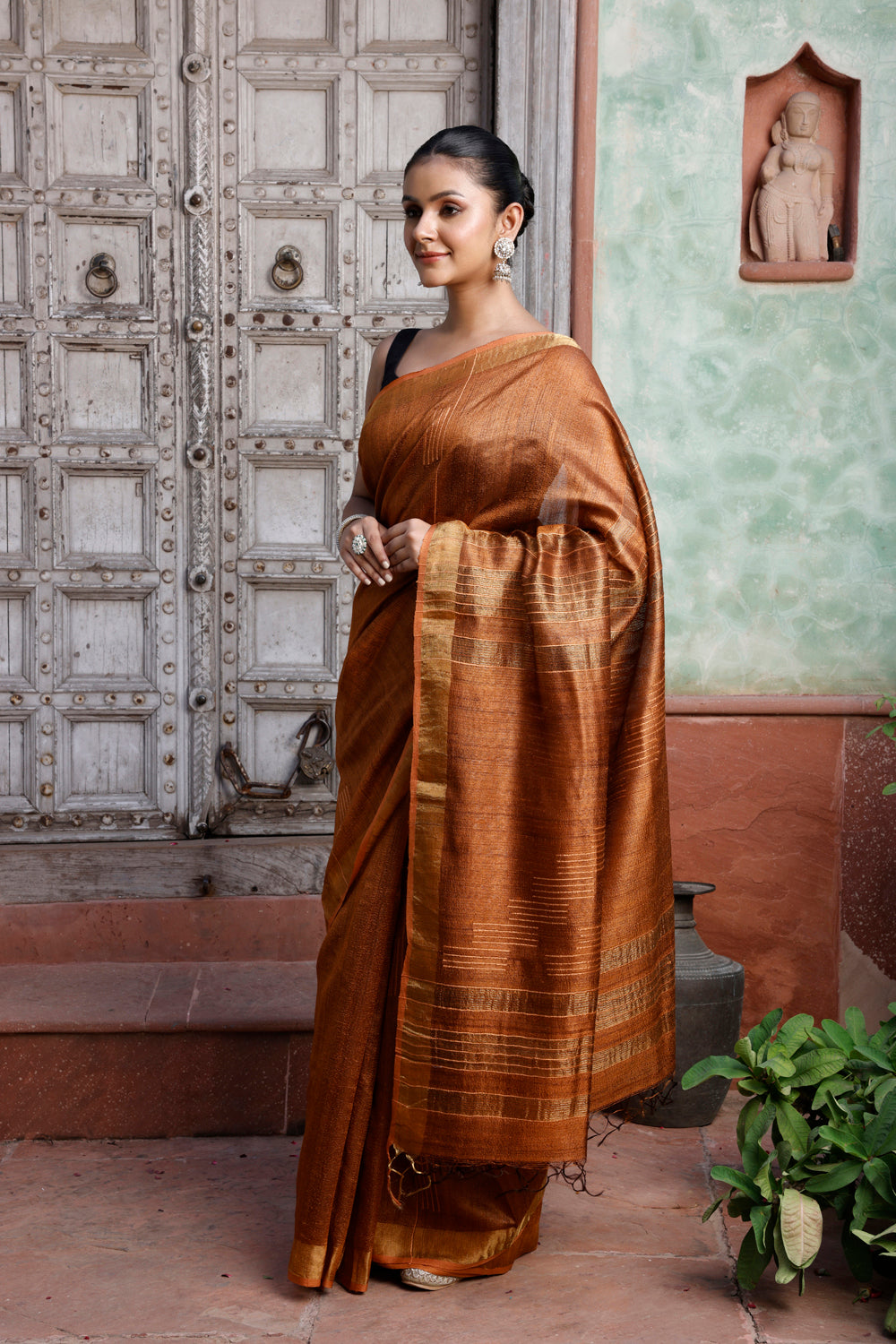 Handloom Reddish Orange Pure Silk Saree with Golden Border