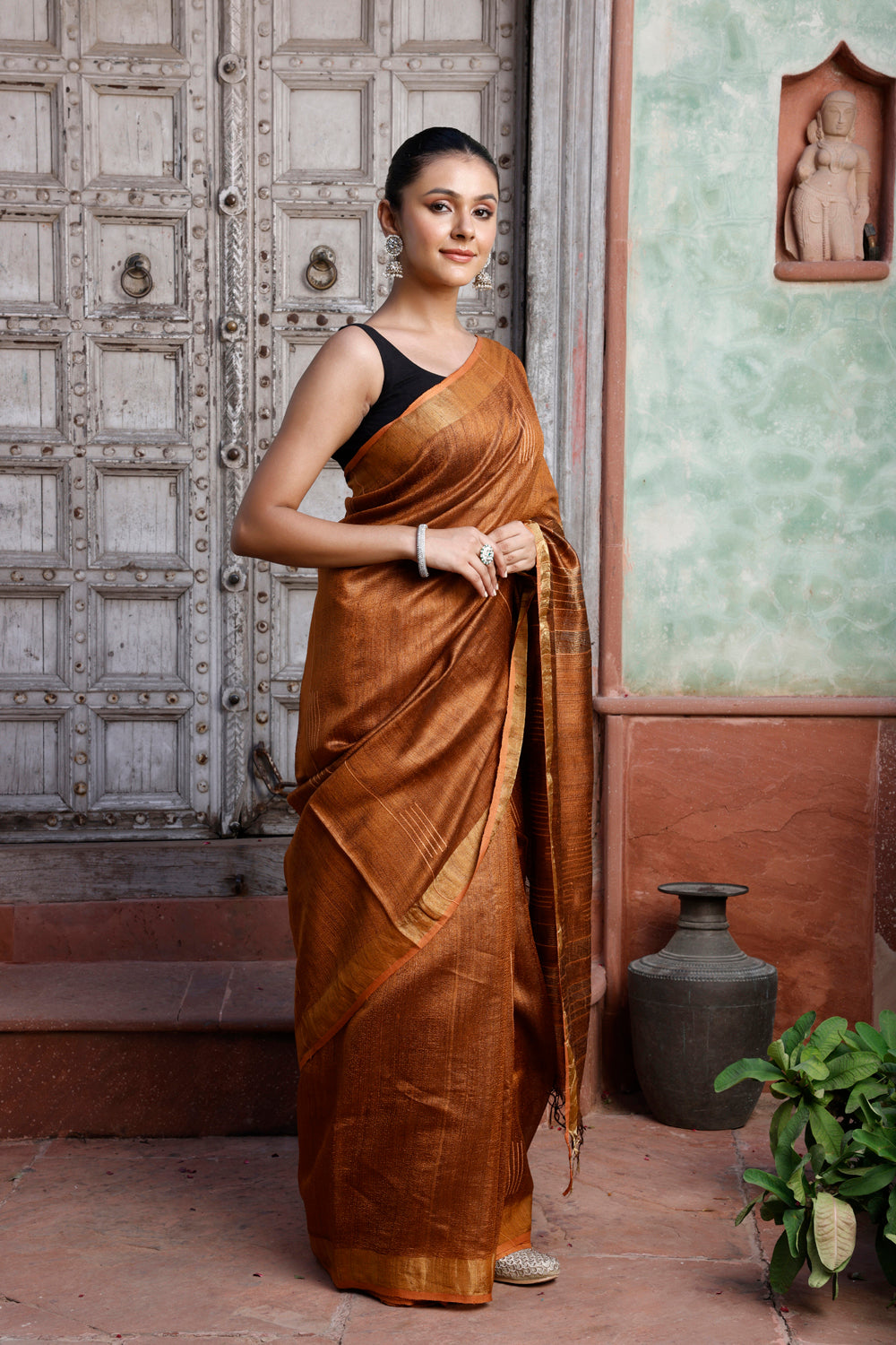 Handloom Reddish Orange Pure Silk Saree with Golden Border