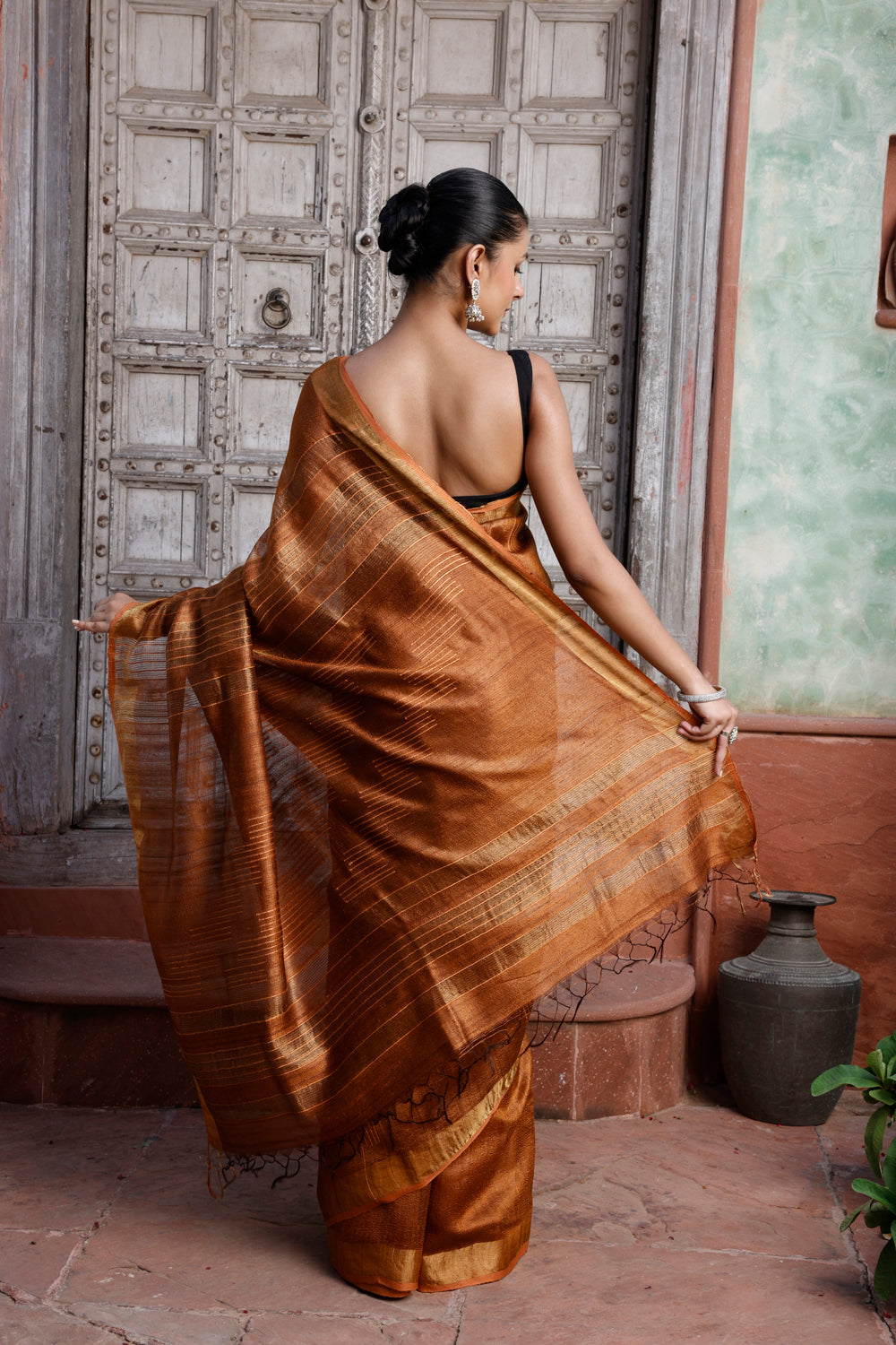 Handloom Reddish Orange Pure Silk Saree with Golden Border
