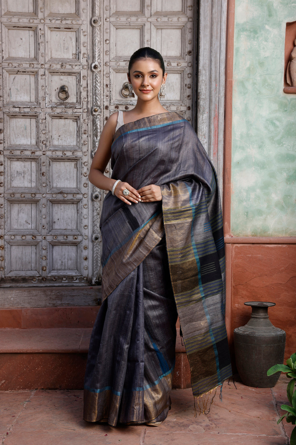 Handloom Grey Kosa Silk Saree With Broad Zari Border And Black & Green Pallu