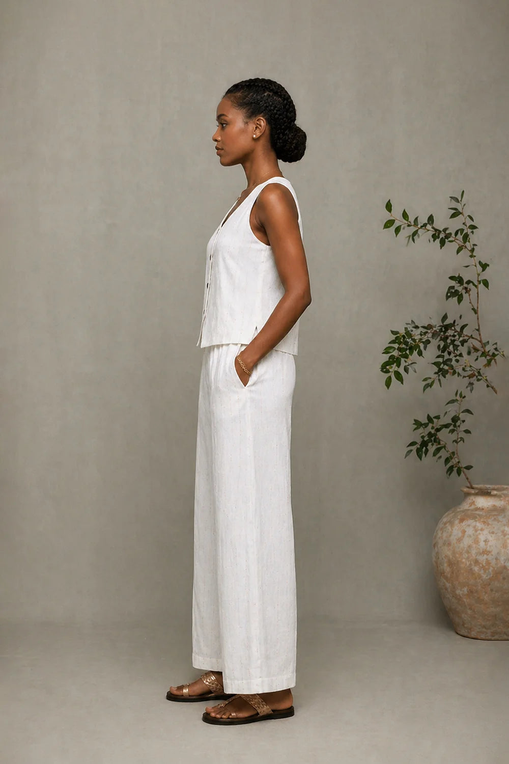 Ivory Cotton Co-ord Set with Button-Down Top & Wide-Leg Pants