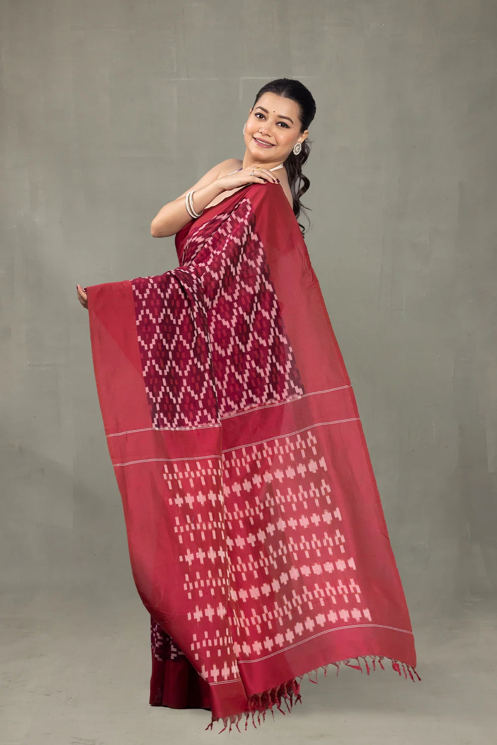 Handloom Ruby Red Ikkat Cotton Silk Saree