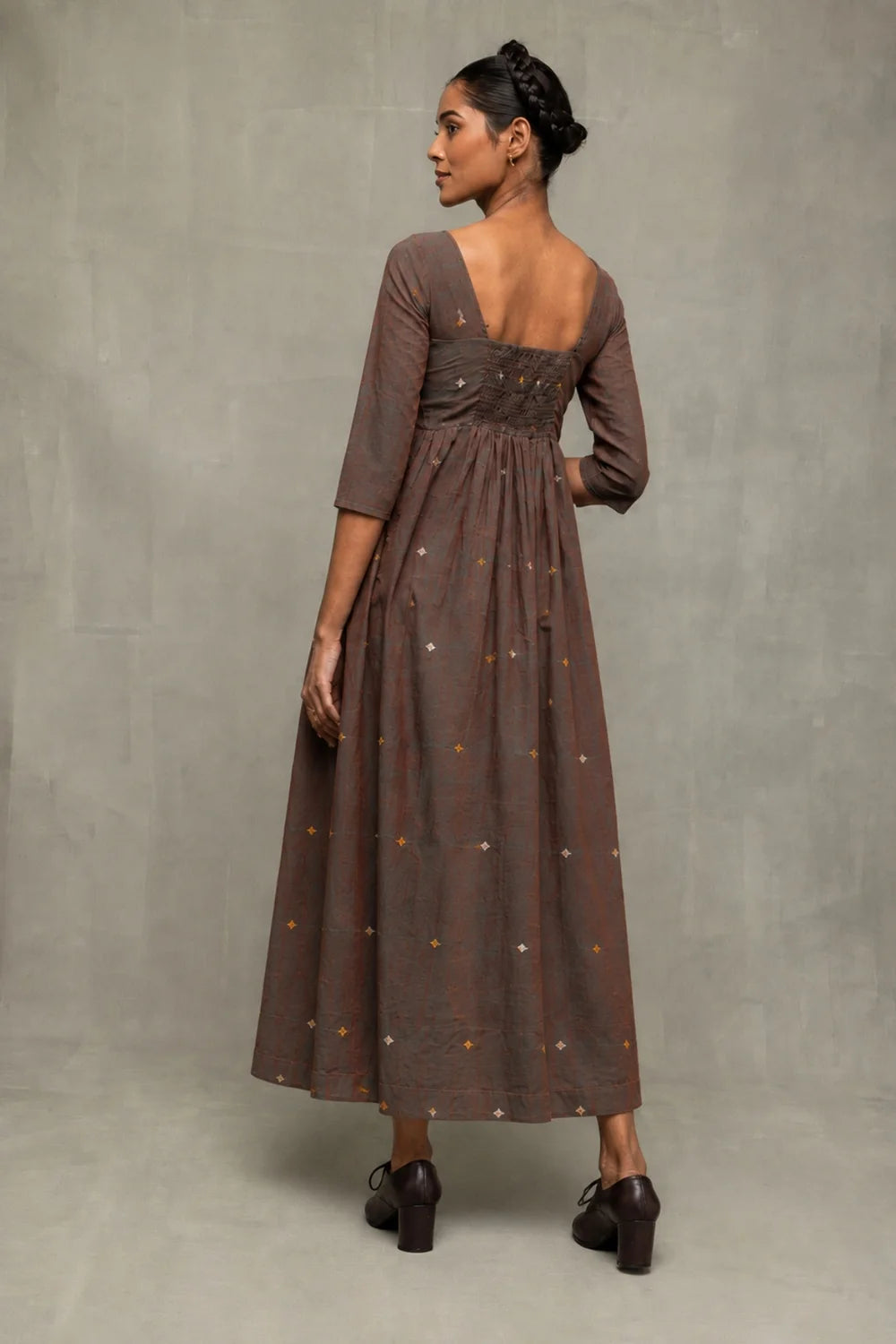 Brown Duo Tone Jamdani Hand-Woven Midi Dress