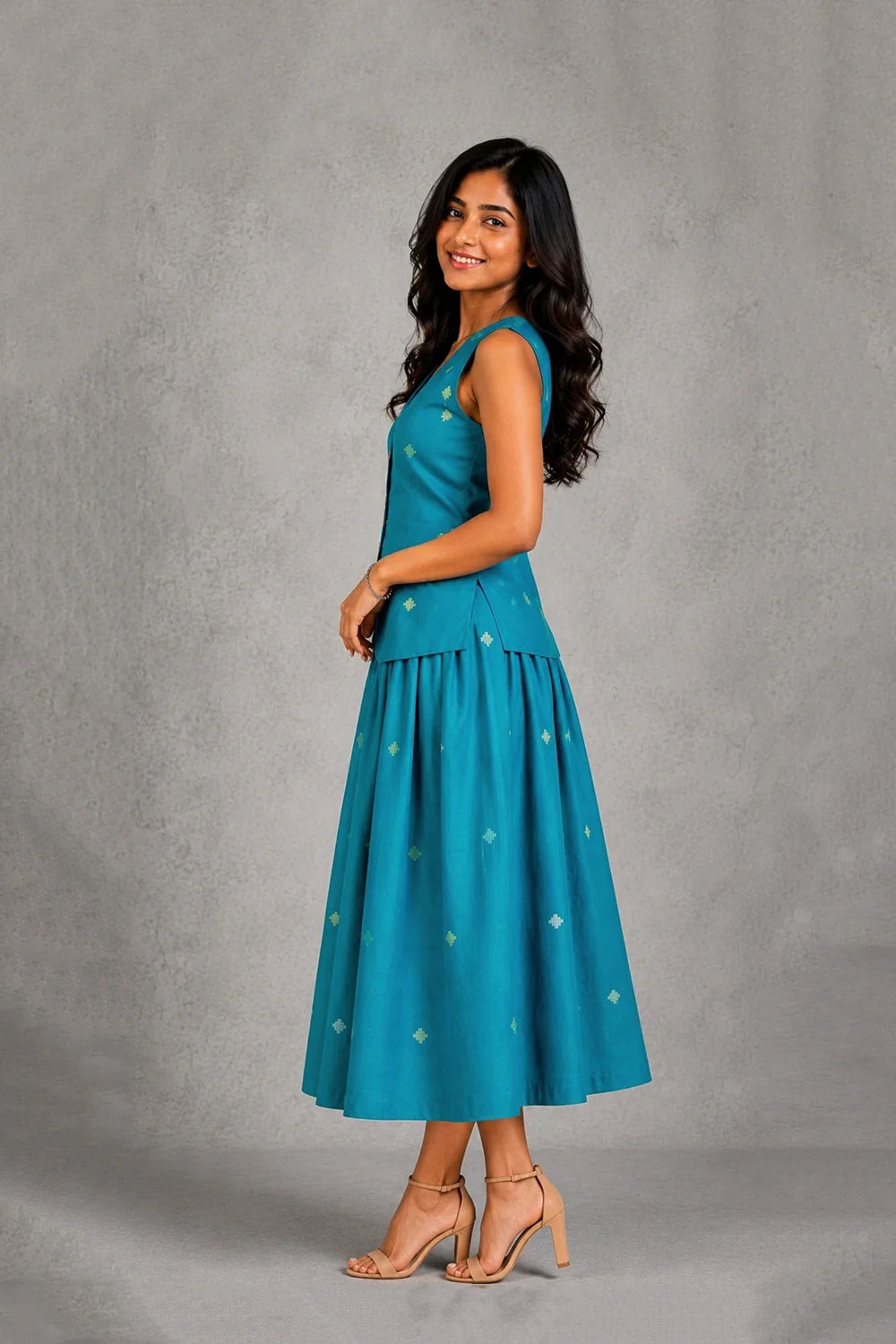 Teal Blue Yantra Motif Jamdani Skord