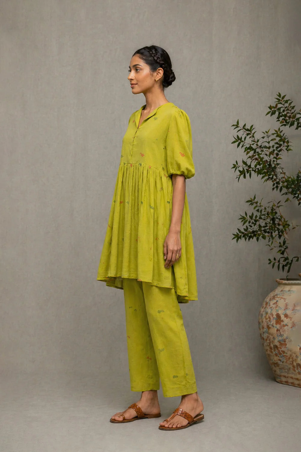 Handloom Lime Green Pure Cotton Jamdani Co-ord Set
