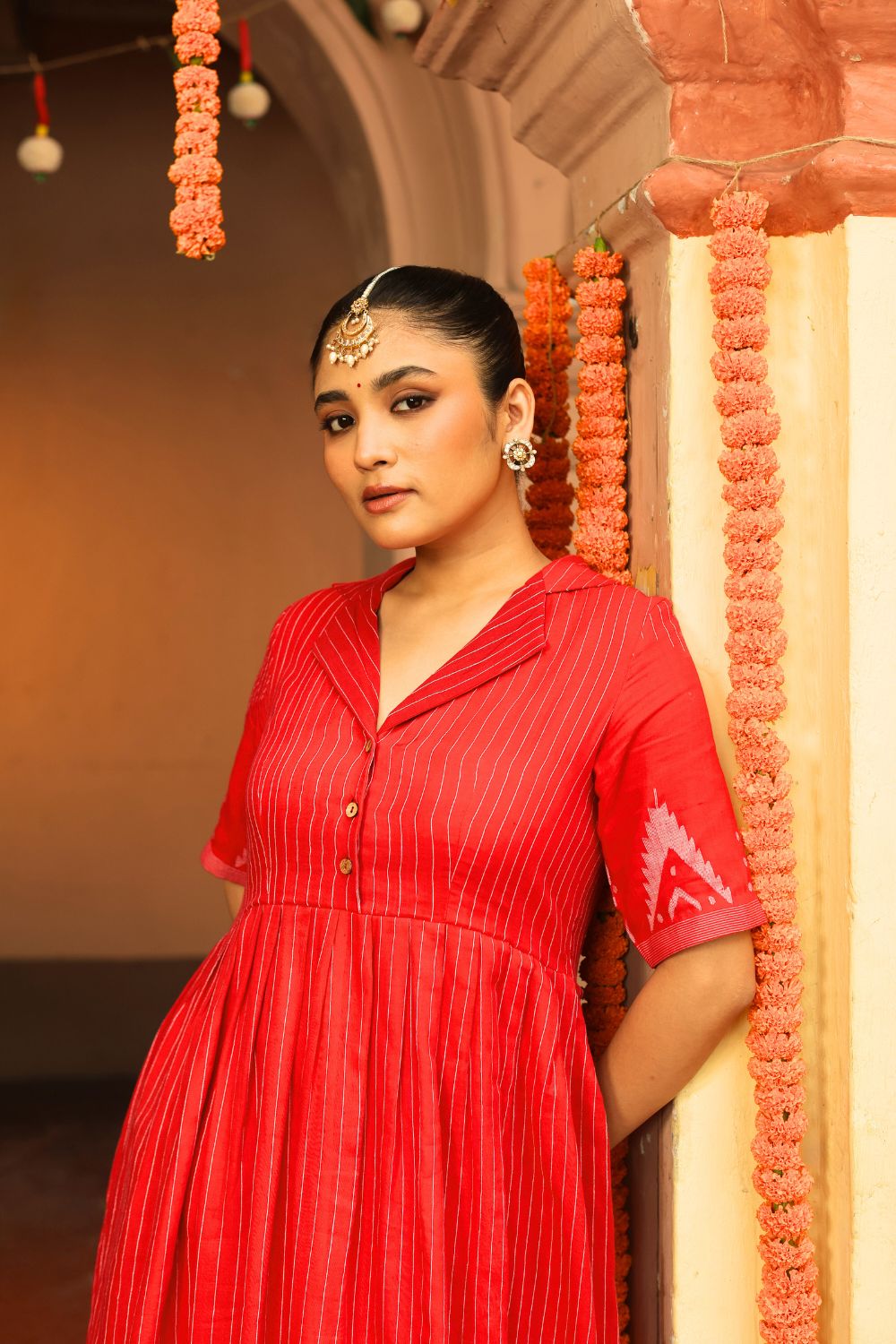 Red and White Temple Jamdani Pujo Kurta Set