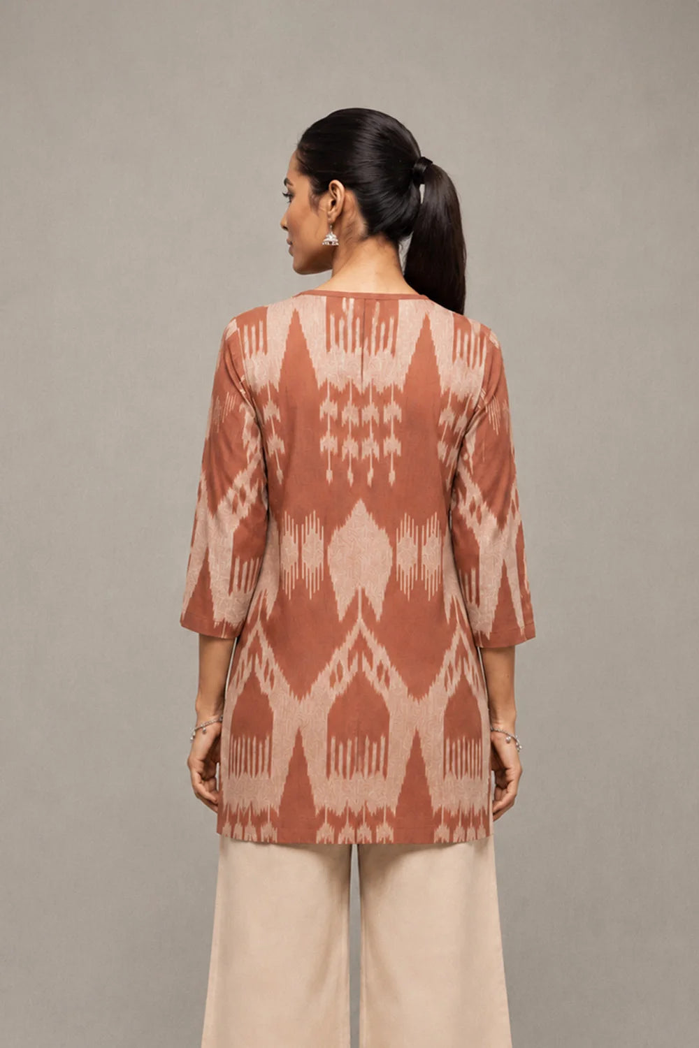 Handloom Brown Abstract Ikkat Short Kurta