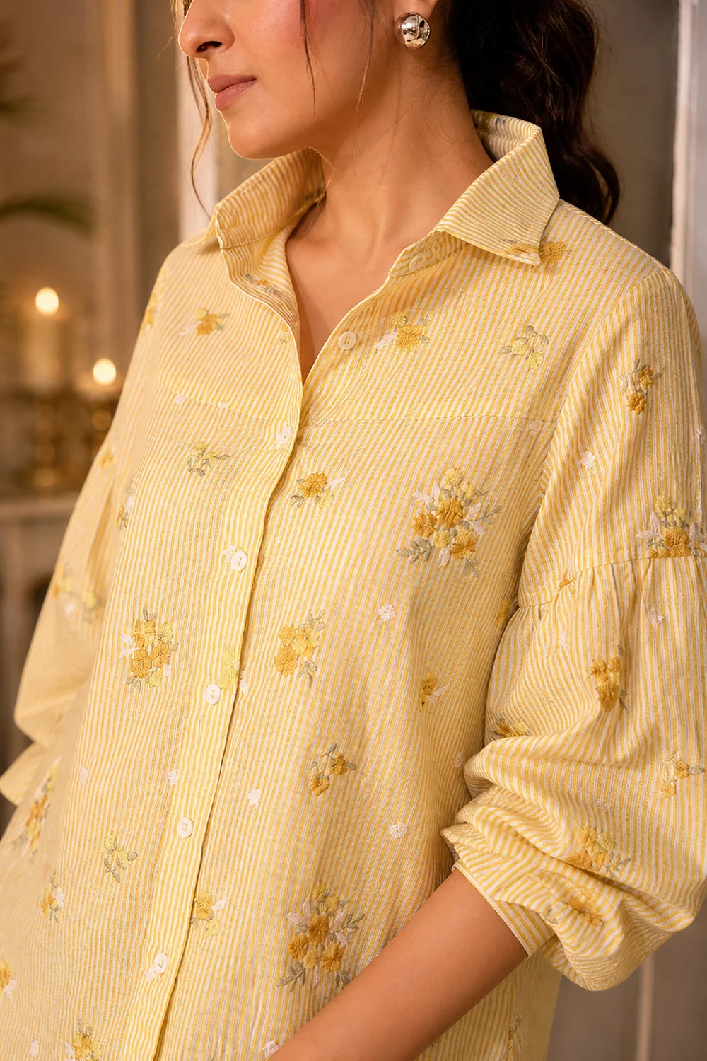 Pastel Yellow Pure Cotton Embriodered Shirt
