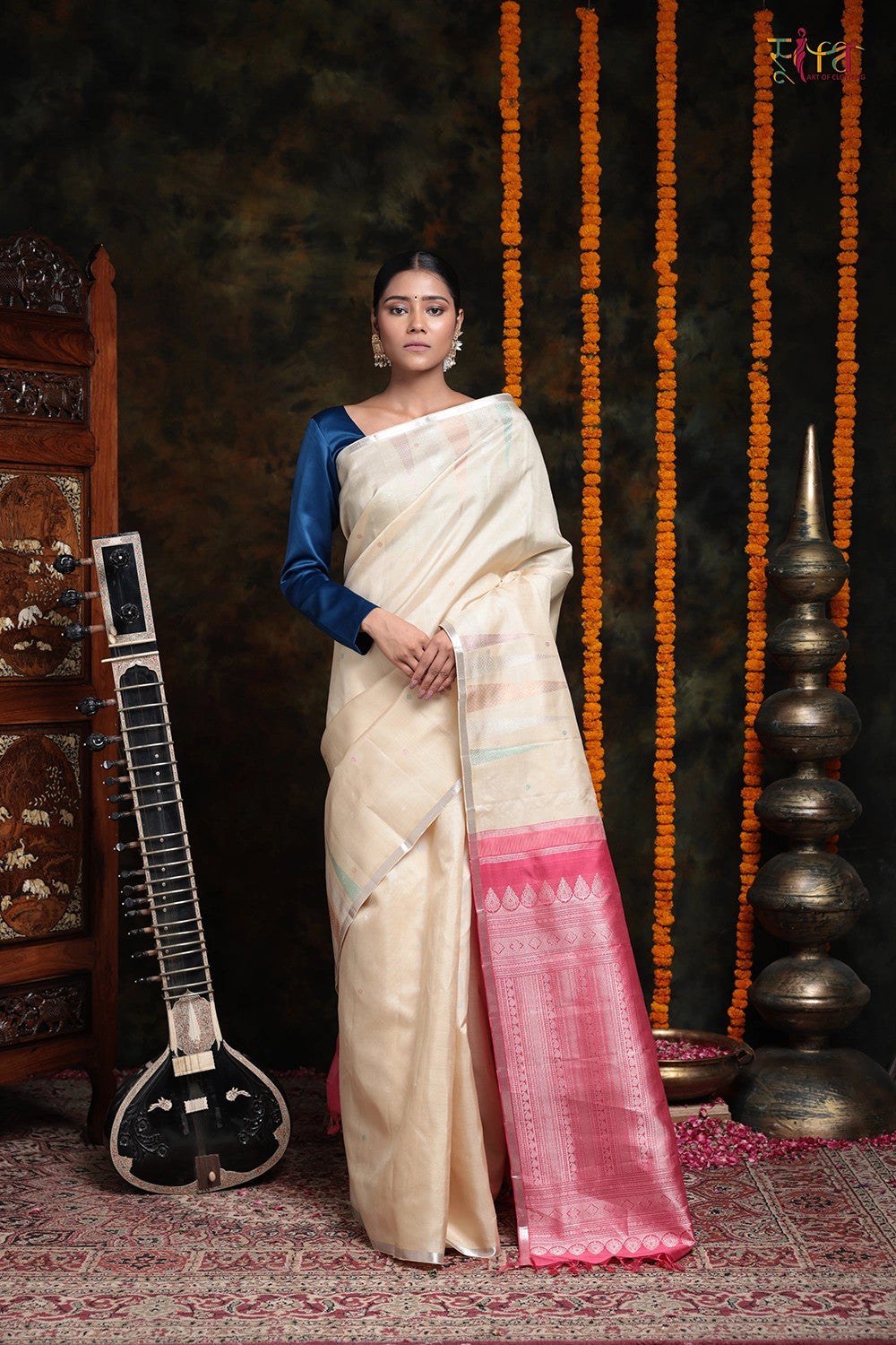 Handloom Cream Pure Silk Kanchi Saree With Silver Zari