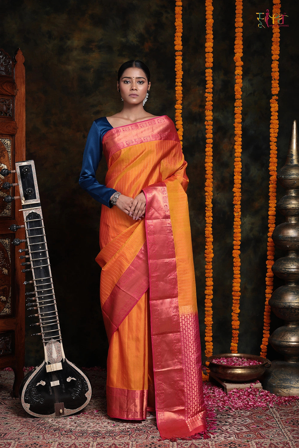 Orange silk saree with blouse 111