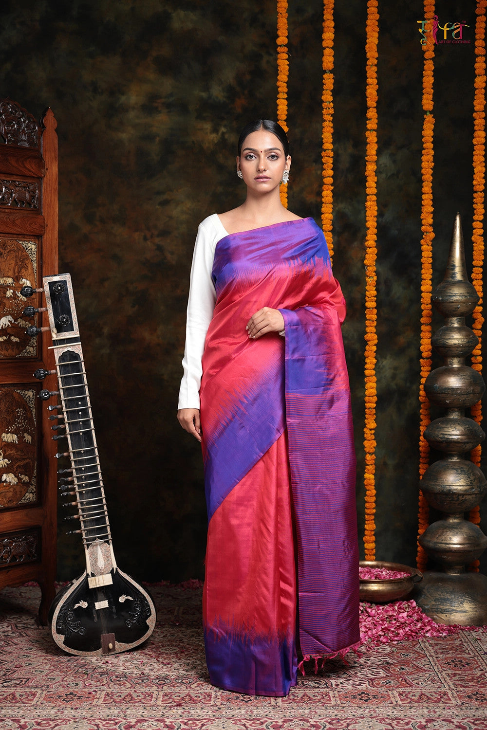 Handloom Pink & Blue Pure Silk Saree