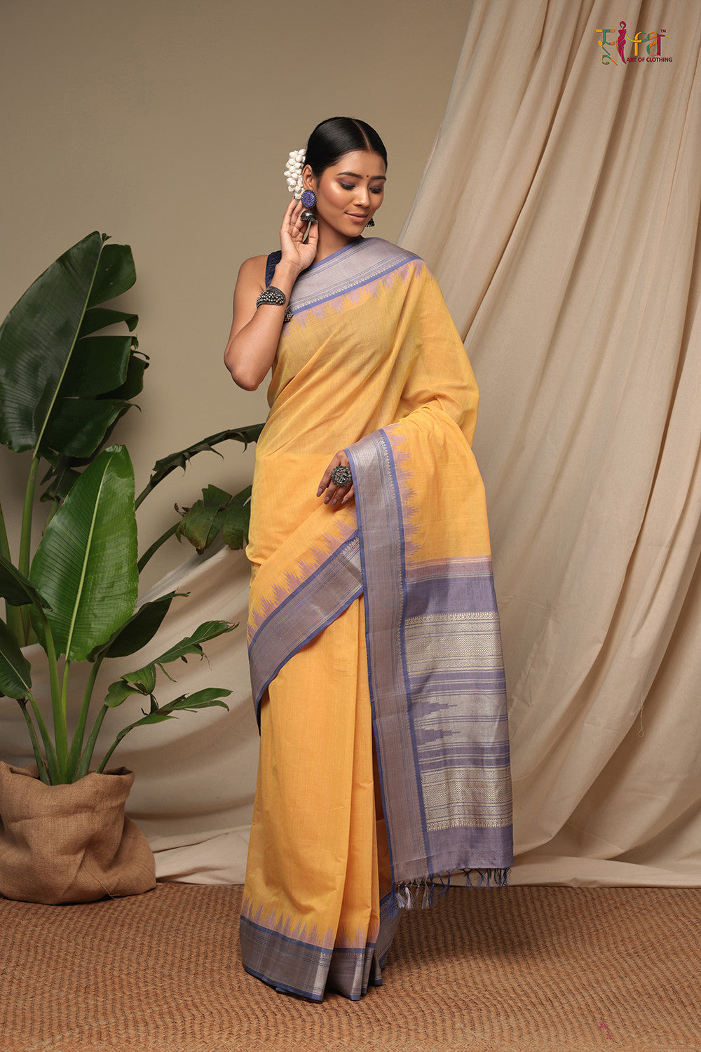 Handloom Butter Yellow Pure Cotton Kanchi Saree With Pure Silk Border And Pallu