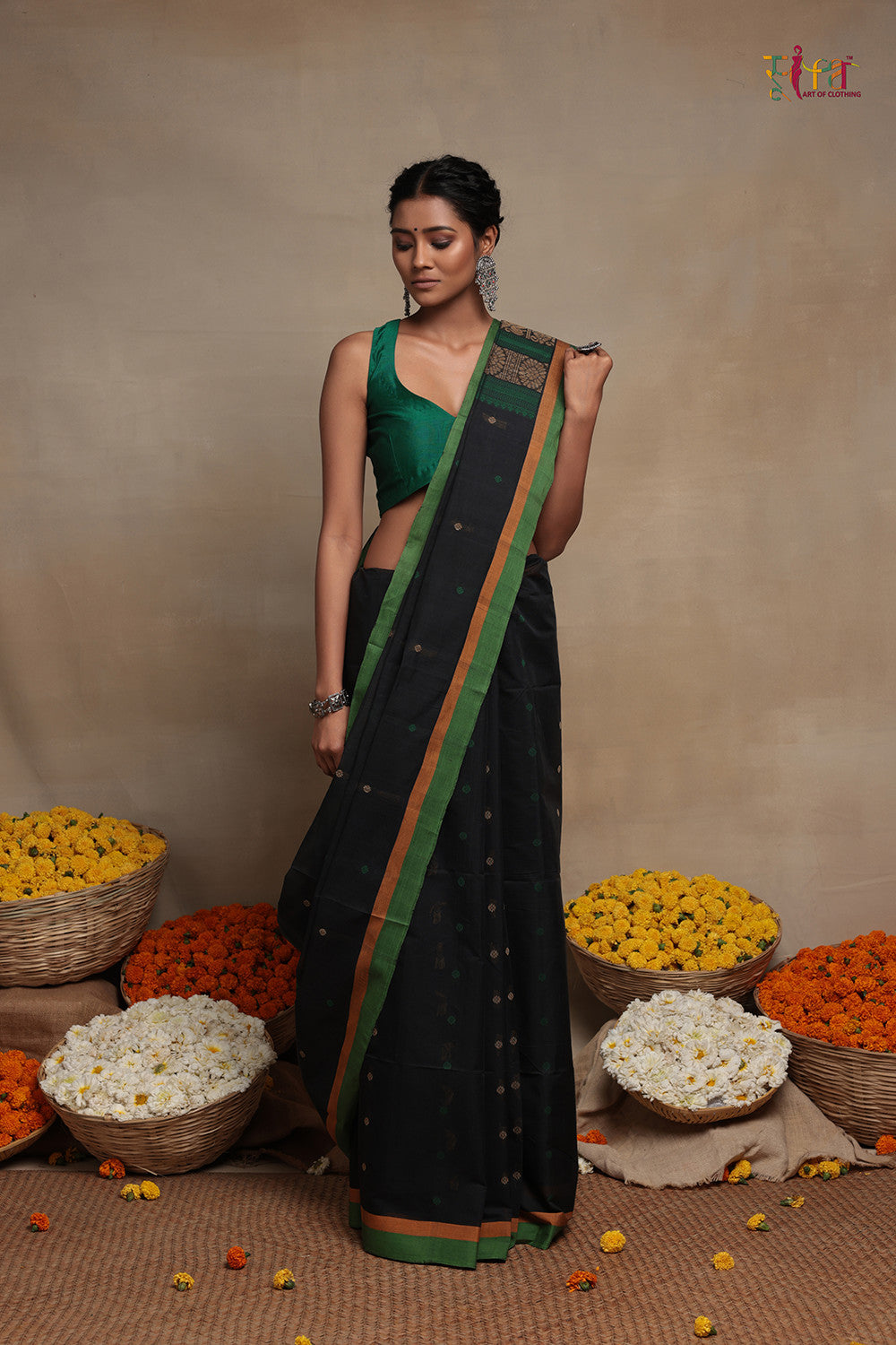 Black handloom Kanchi cotton saree