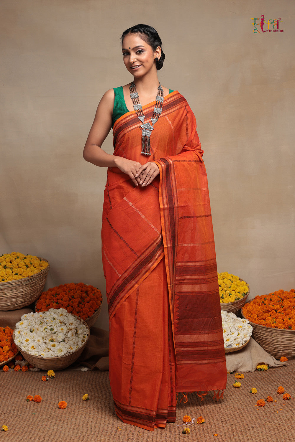 Orange Handloom Kanchi Saree With Stripes