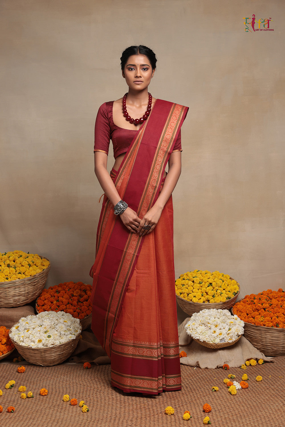 Handloom Neon Orange Kanchi Cotton Saree