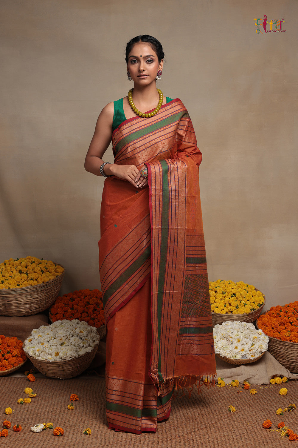 Handloom Bright Orange Kanchi Cotton Saree