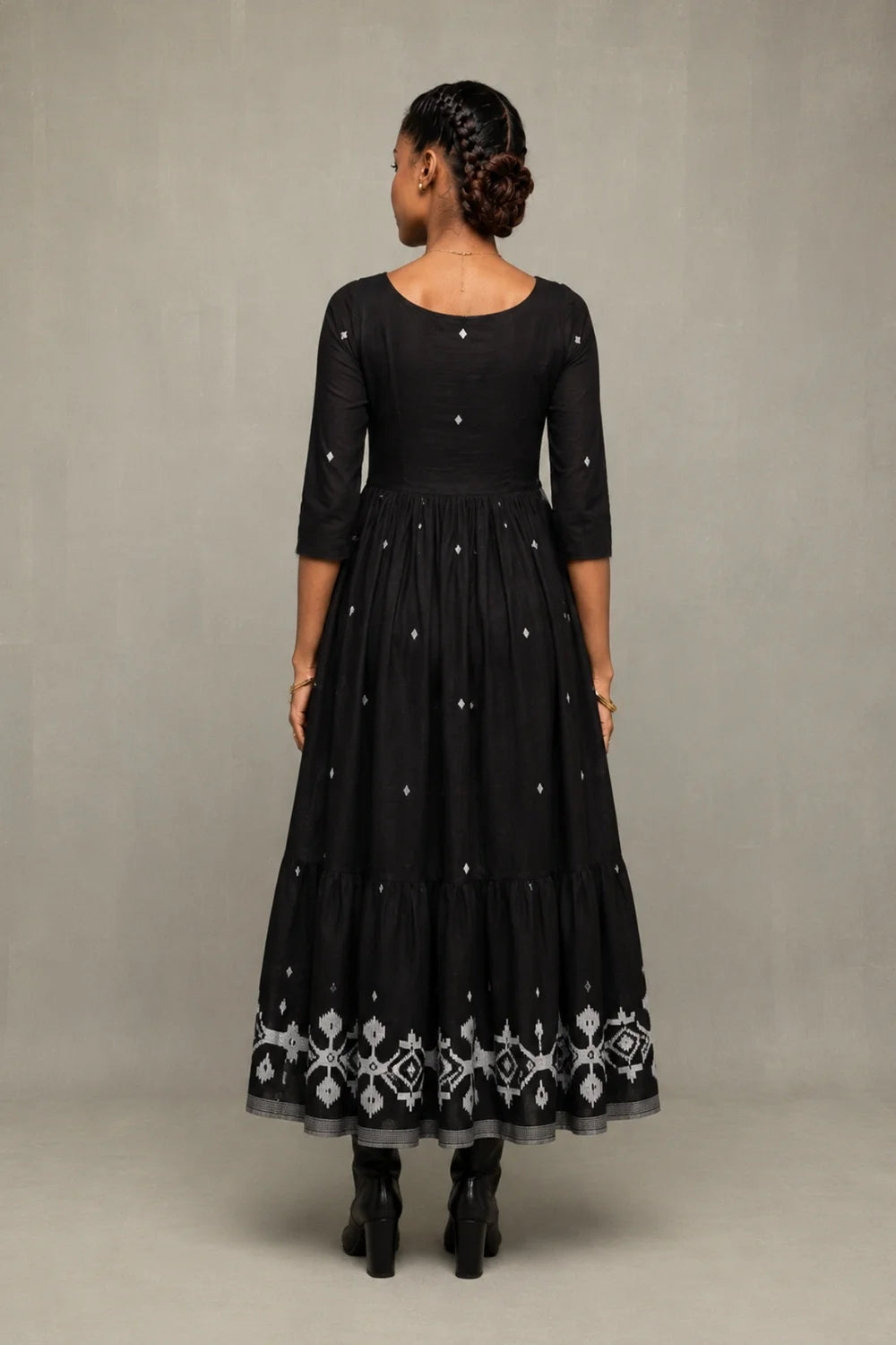 Midnight Black Handwoven Jamdani Tiered Midi Dress