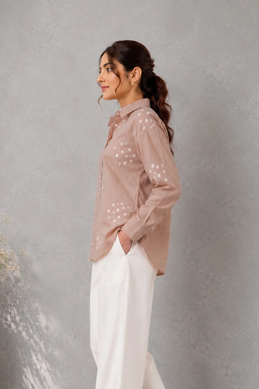 Beige Pure Cotton Embriodered Shirt