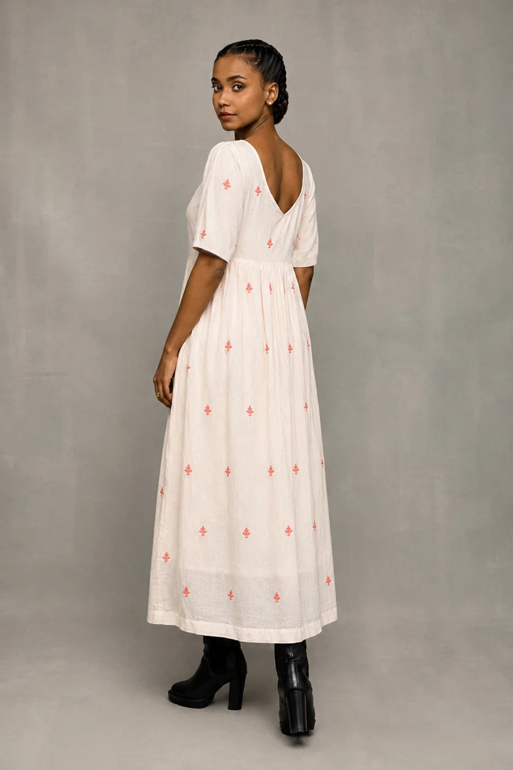 Cream Red Dheki Pure Cotton Jamdani Dress