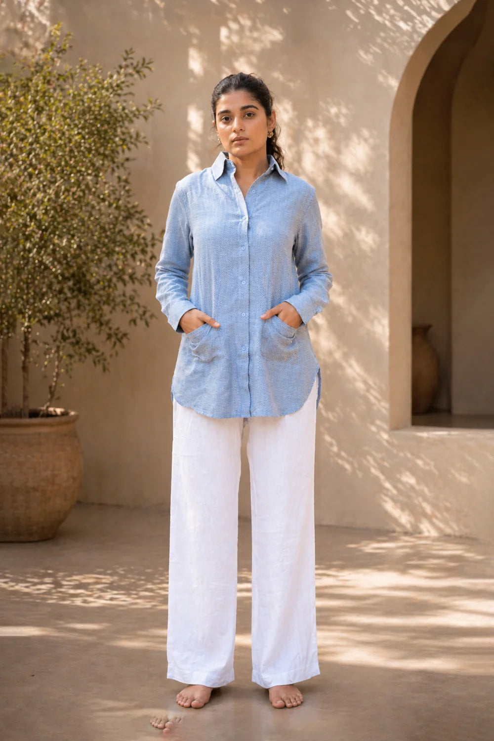 Blue and White Zig Zag Stripes Pure Cotton Shirt