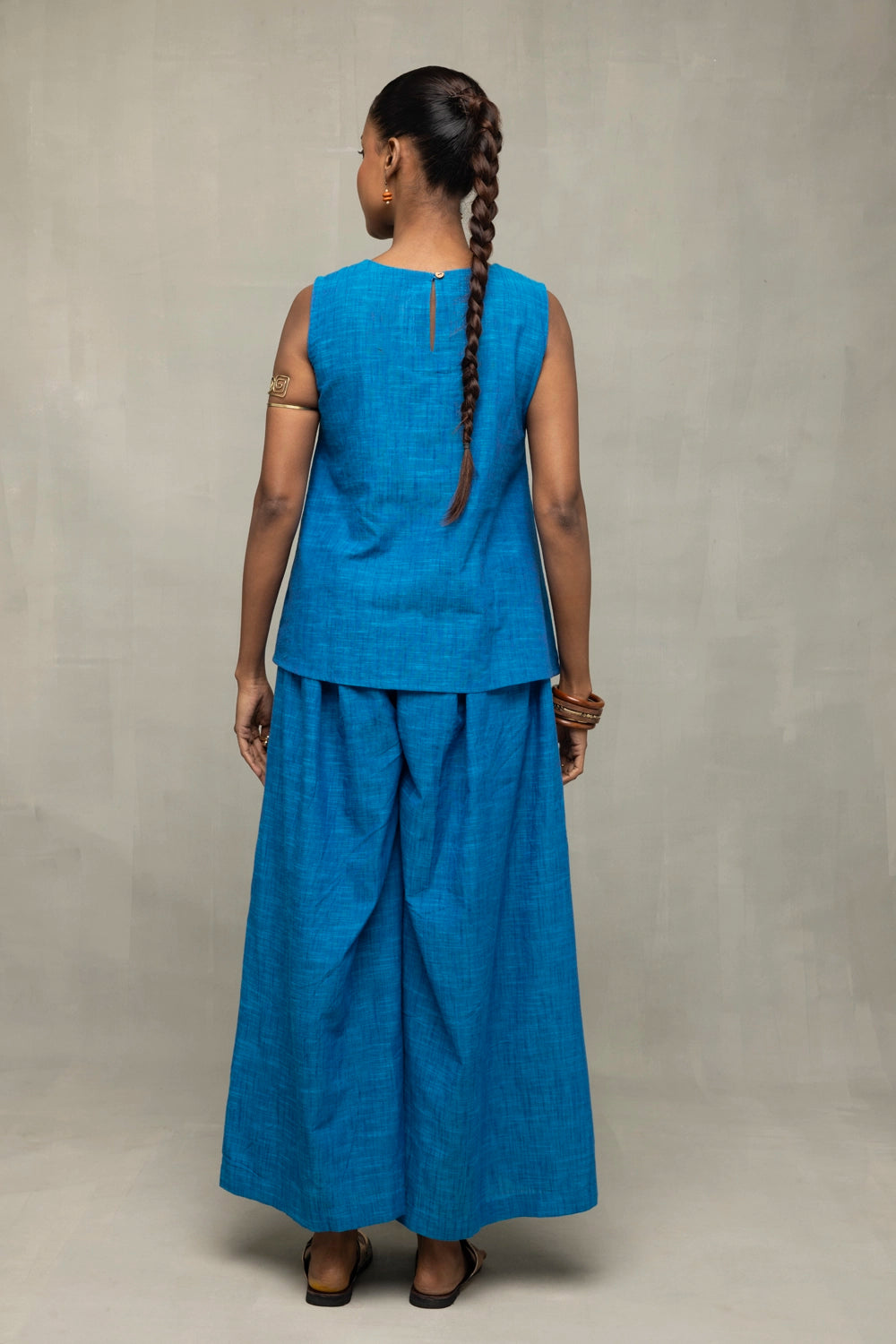Azure Blue Textured Co-Ord Set with Sleeveless Top & Wide-Leg Pants