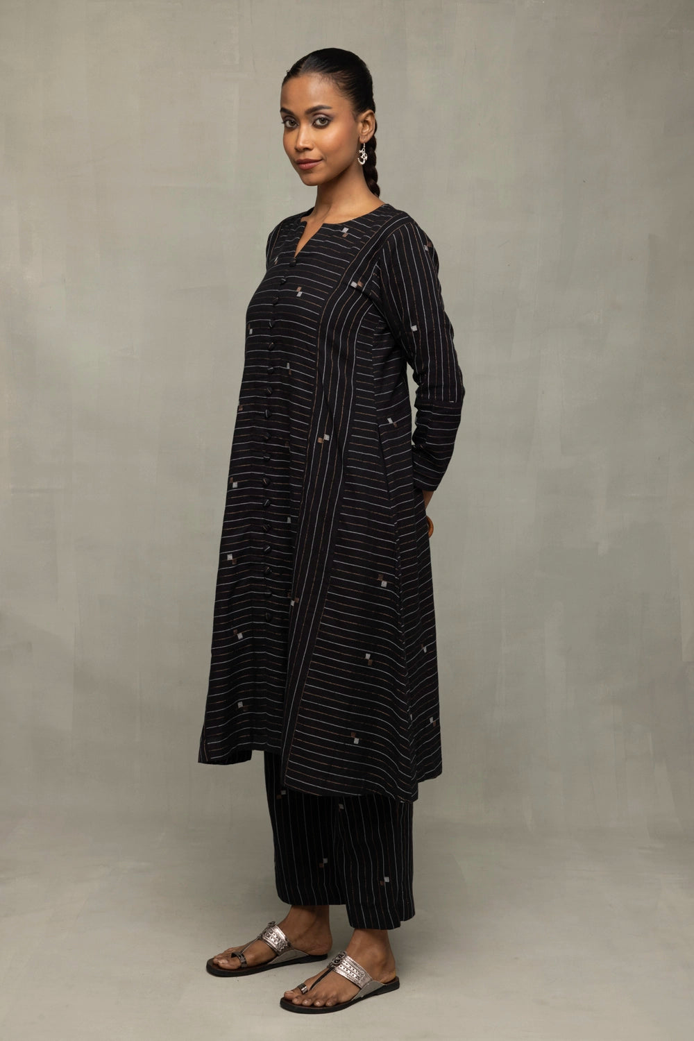 Black Jamdani Co-Ord Set with Metallic Bronze & Silver Motifs