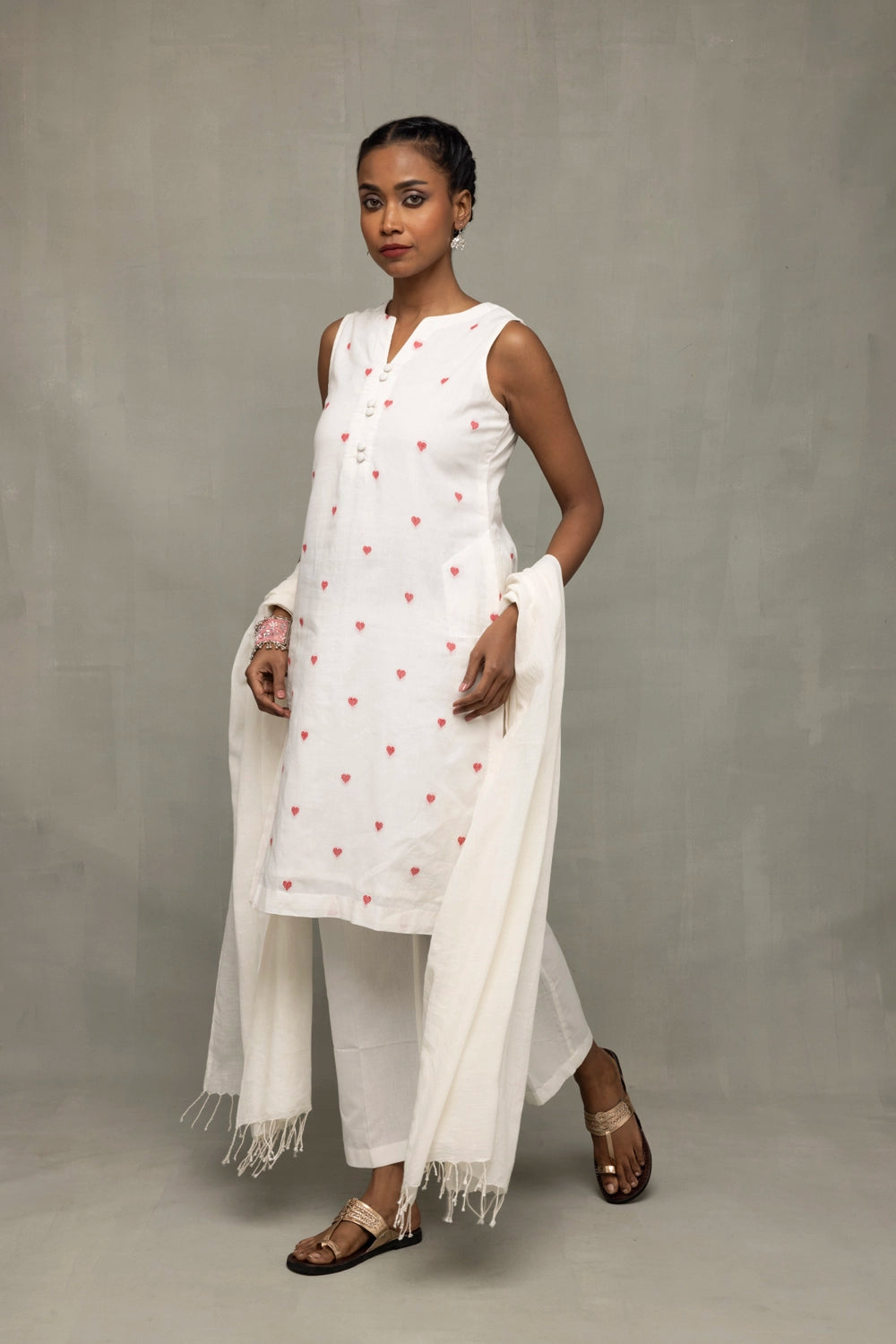 White & Red Hearts South Cotton Kurta Set With Dupatta