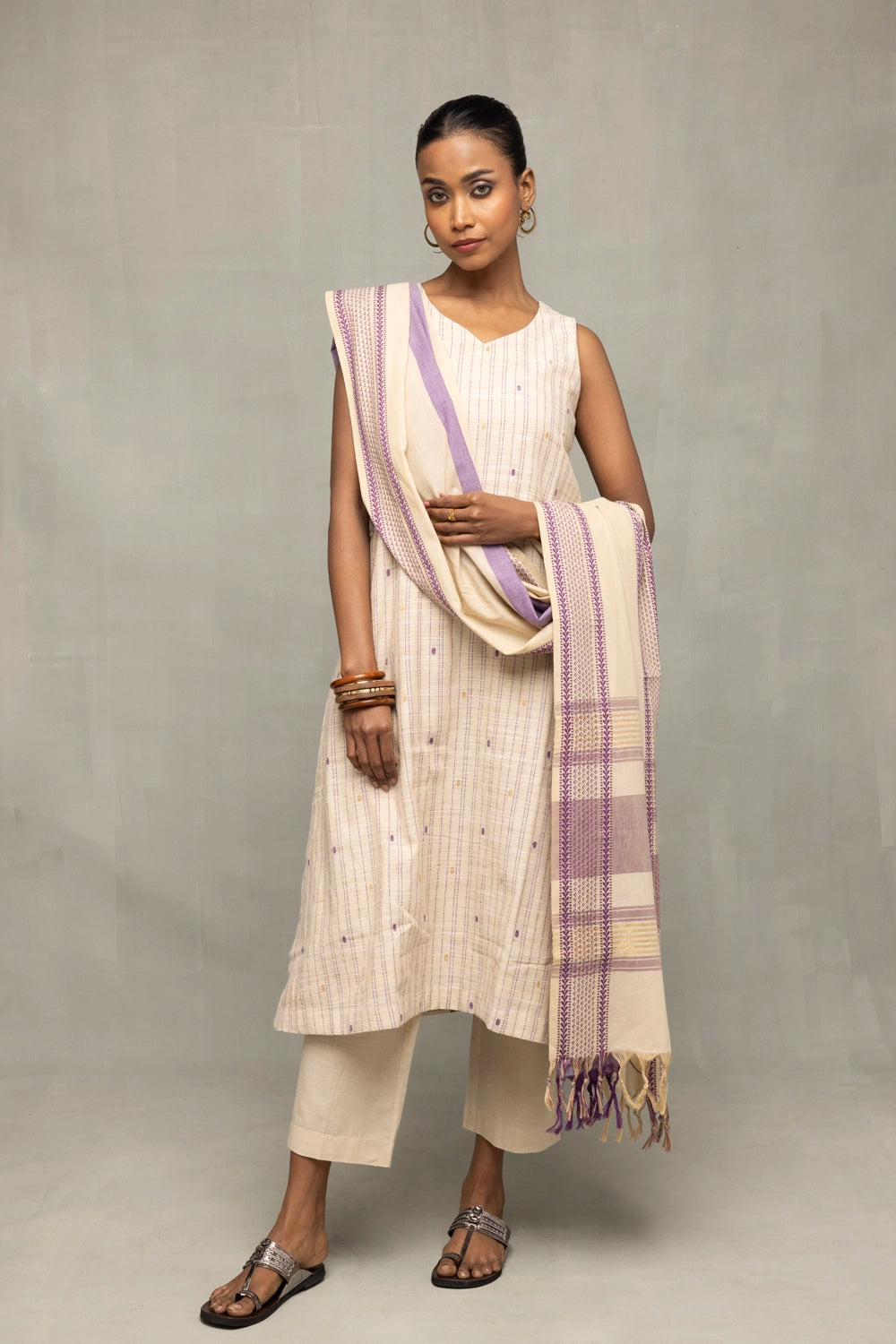 Cream and Mauve South South Cotton Zari Kurta Set with Dupatta
