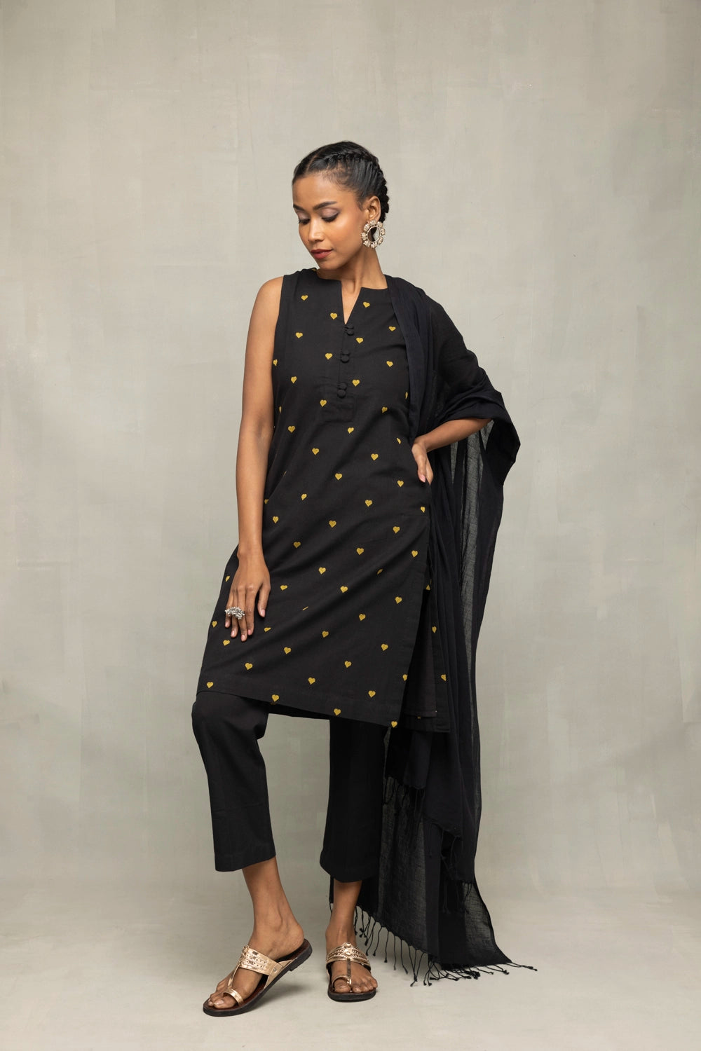 Close Up of Hearts Motif Weave on Black and Yellow South Cotton Co-ord Set