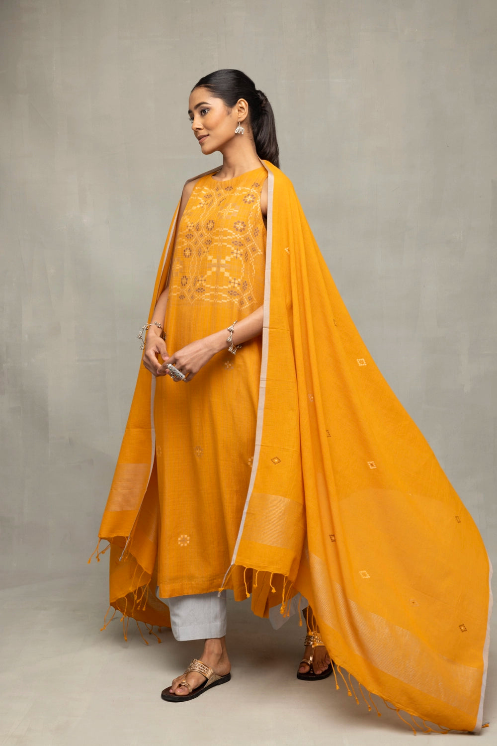 Mustard & Moonlight Jamdani Kurta Set with Dupatta