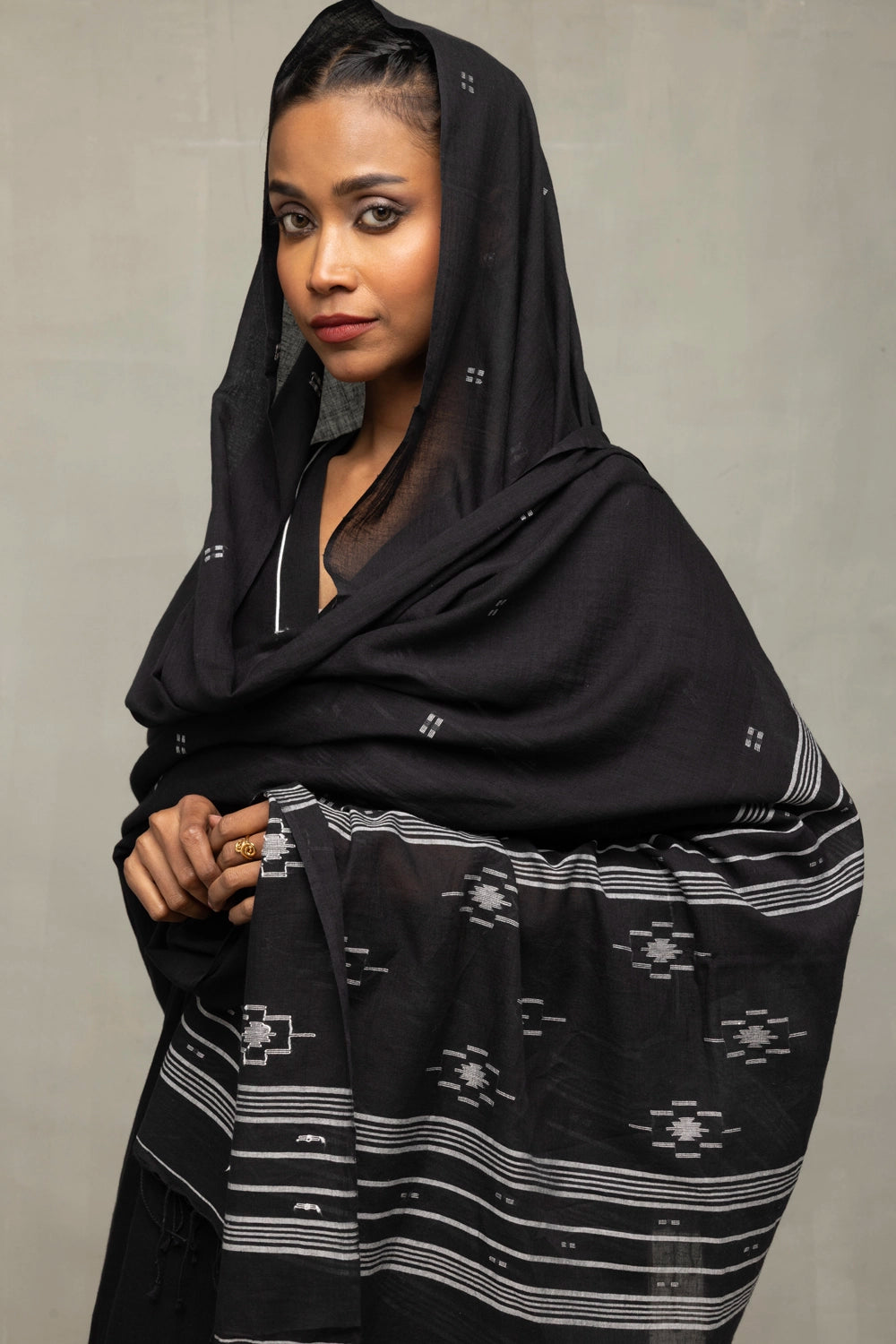 Black Bengal Cotton Kurta Set With Jamdani Dupatta