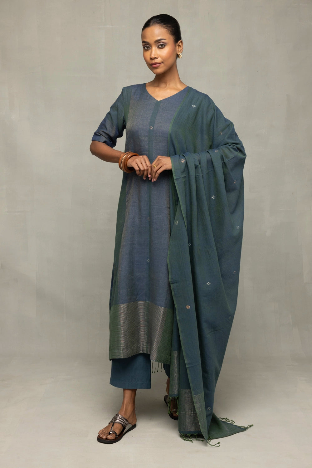 Teal Green Jamdani Kurta Set with Silver Zari Border and Dupatta