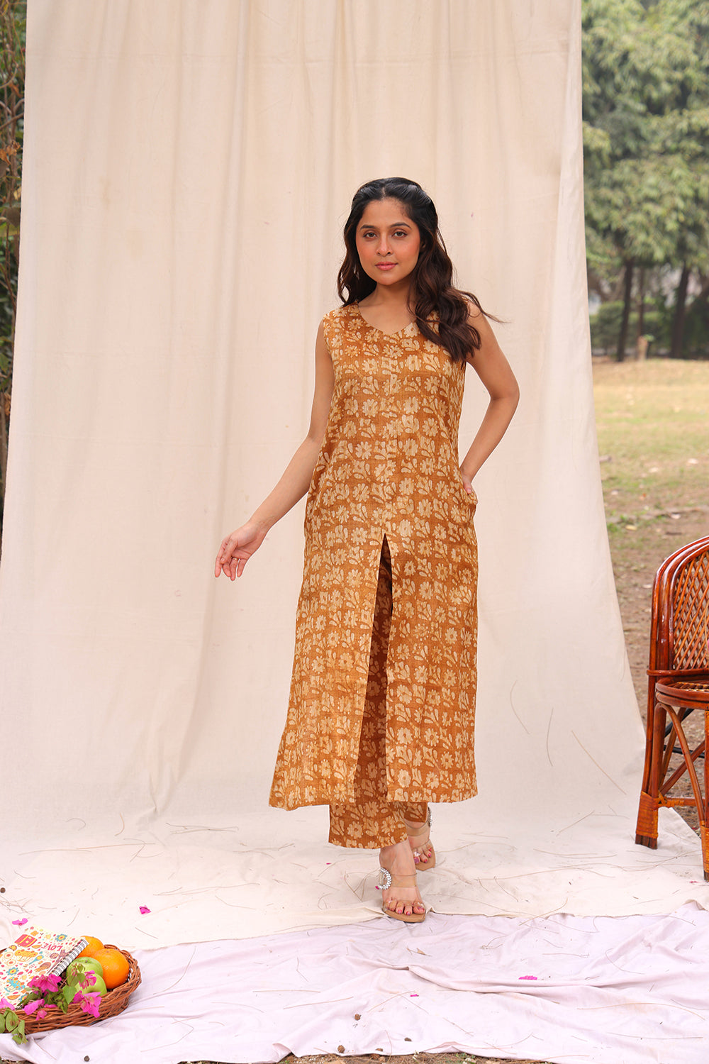 Mustard Yellow Hand Batik Cotton Silk Co-ord Set