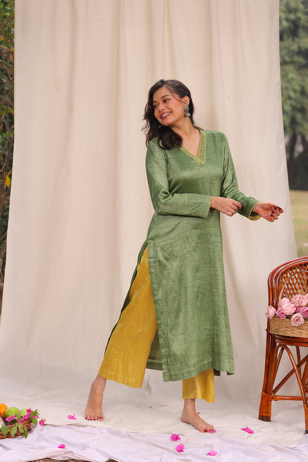 Green and Yellow Cotton Silk Co-ord Set