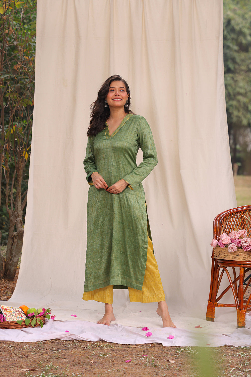 Green and Yellow Cotton Silk Co-ord Set