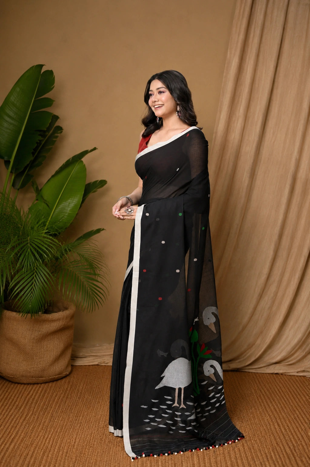 Handloom Black Soft Cotton Jamdani Saree with Woven Bird Motifs