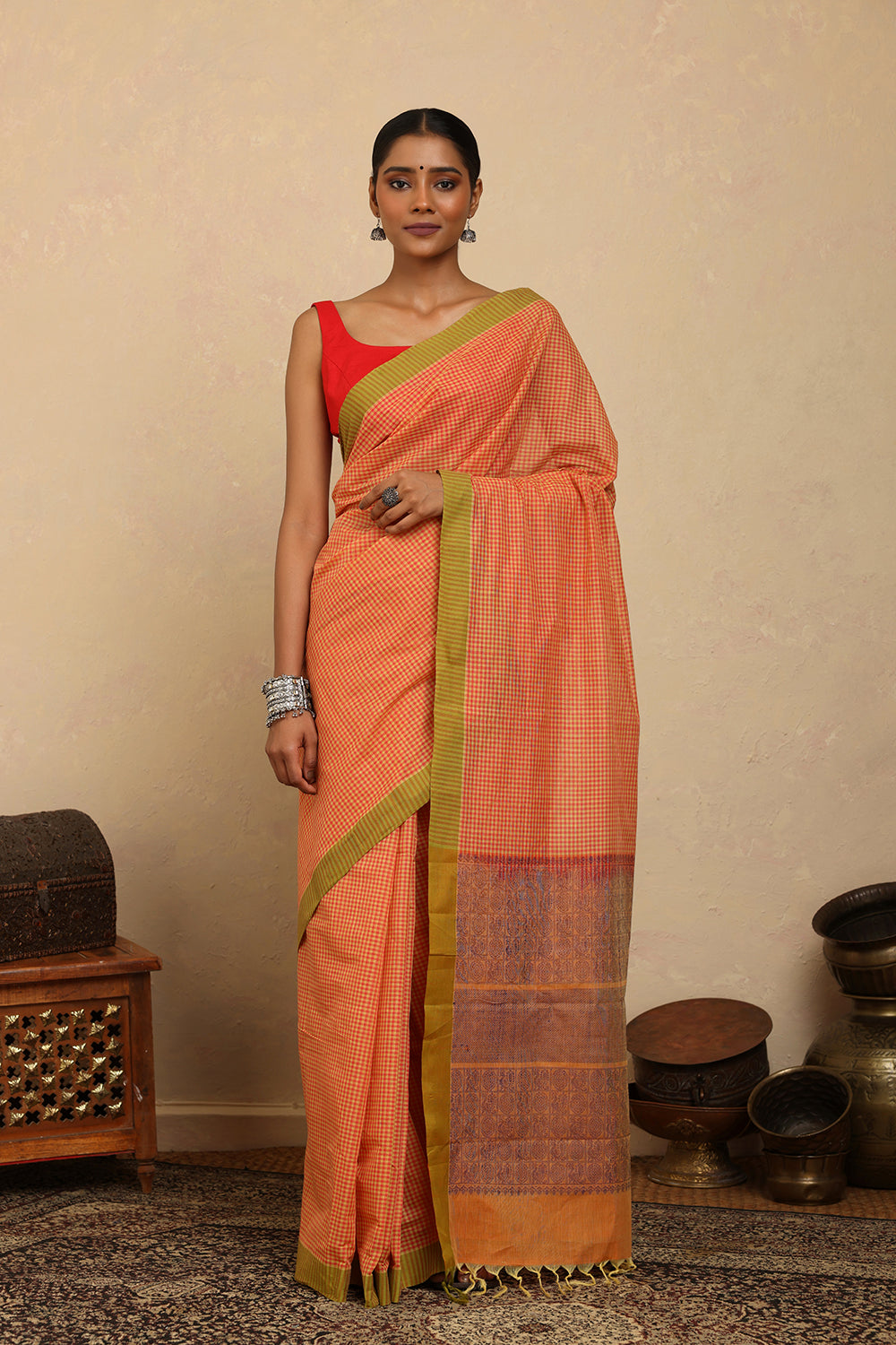 Handloom Soft Orange Mini Checks Kanchi Cotton Saree