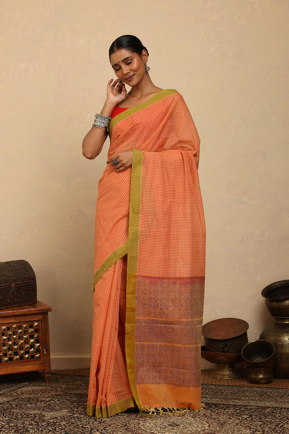 Handloom Soft Orange Mini Checks Kanchi Cotton Saree