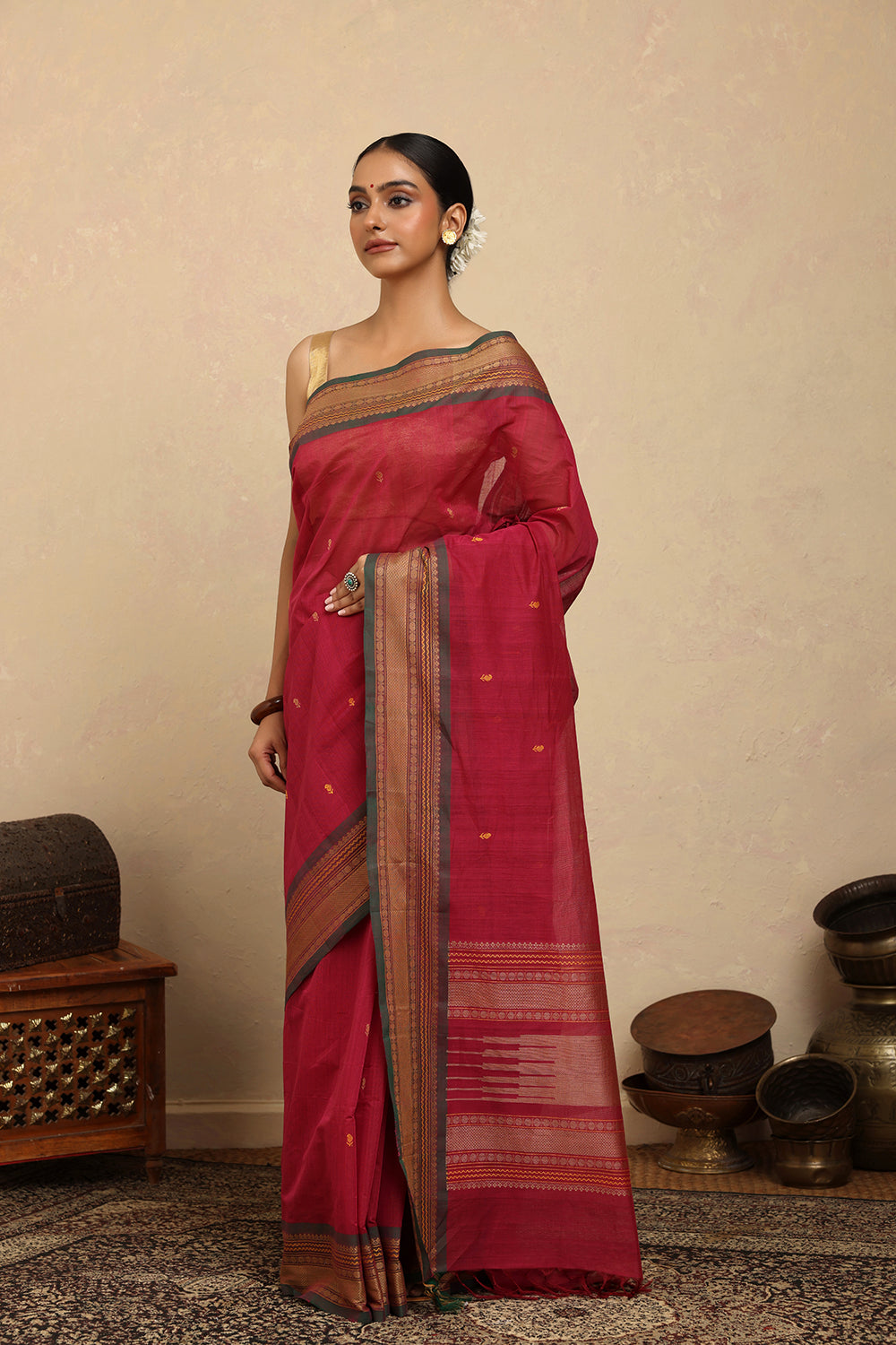 Handloom Pink Kanchi Cotton Saree with Woven Border